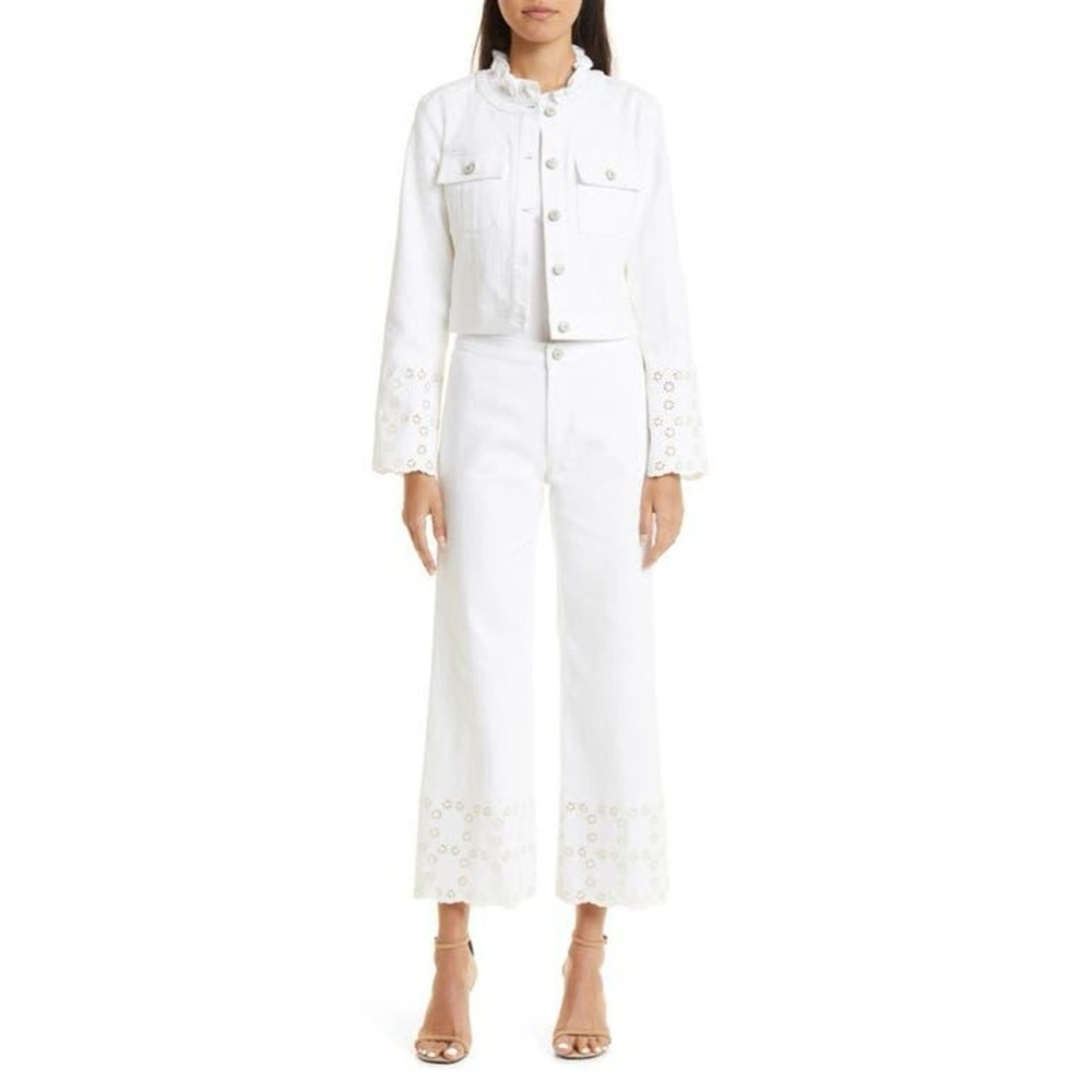 ❌Sold on eBay❌Cinq a Sept Floral Eyelet Amelia Wide Leg Denim Pant in White - Picture 6 of 7